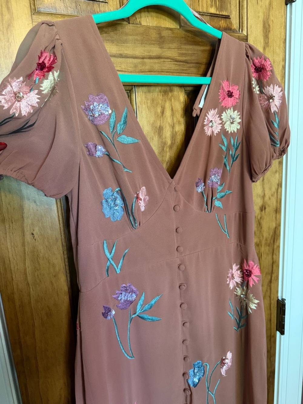 Floral-Embroidered Rust Midi Dress with V-Neck